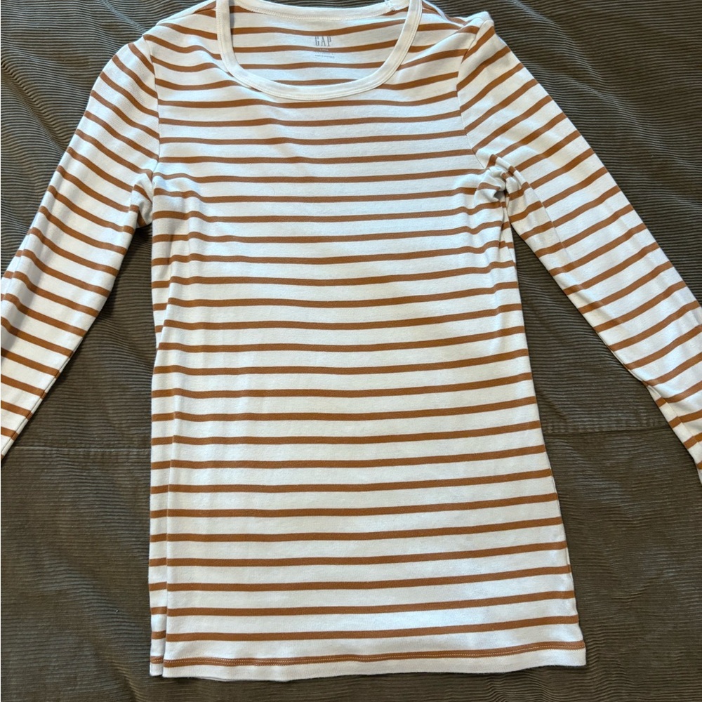 GAP Women's Long Sleeve Top - White and Brown Stripes